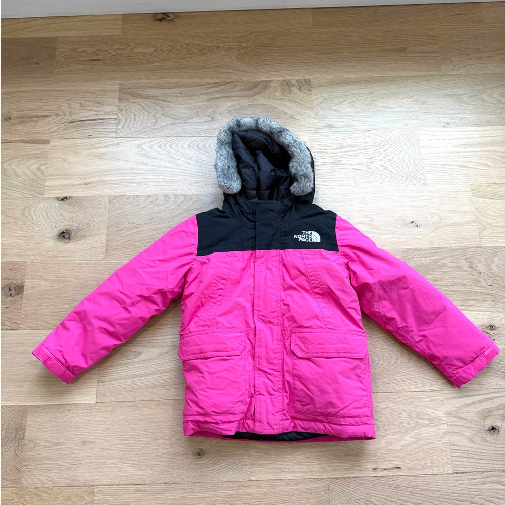 The North Face Kids Pink and Black Puffer Jacket with Faux-Fur Hood